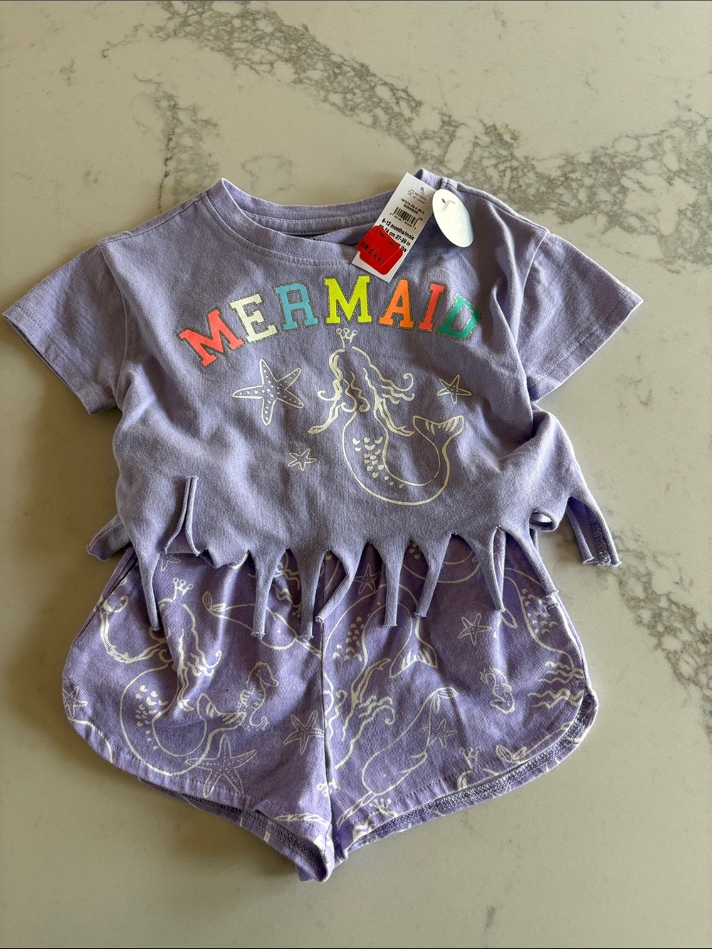 GAP Lavender Mermaid Cropped Tee & Shorts Set - Multicolor Lettering